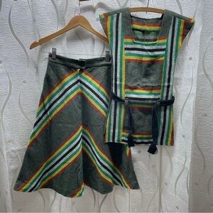 Hand Crafted Green Striped Two-Piece Skirt and Tunic Set